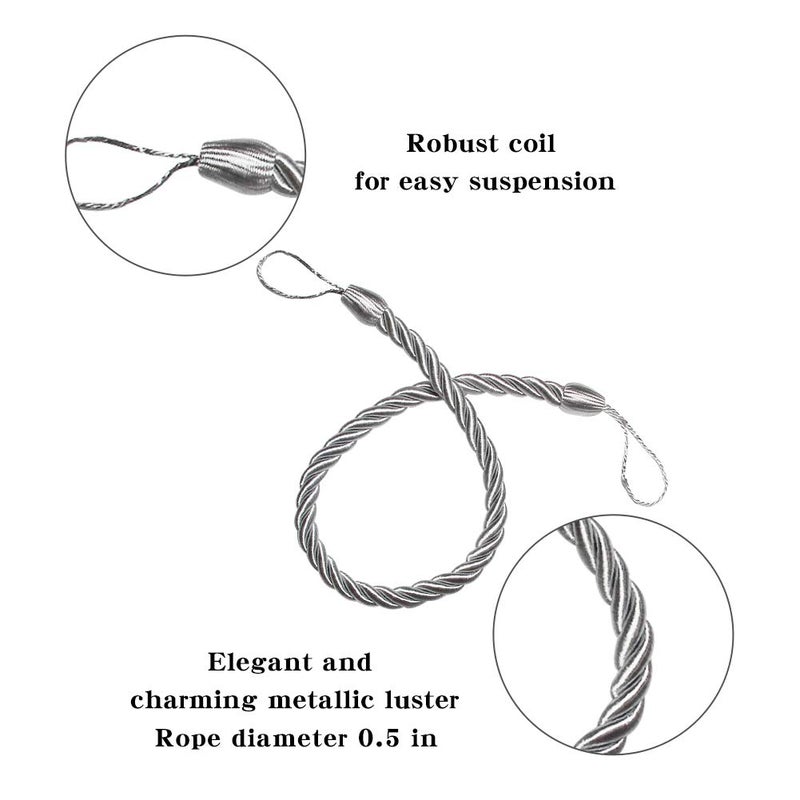 BEL AVENIR Curtain Ropes Tiebacks Tie-Backs, Curtain Handmade Holdbacks with 2 Metal Screw Hooks - Silver 2 Pack - Image 2